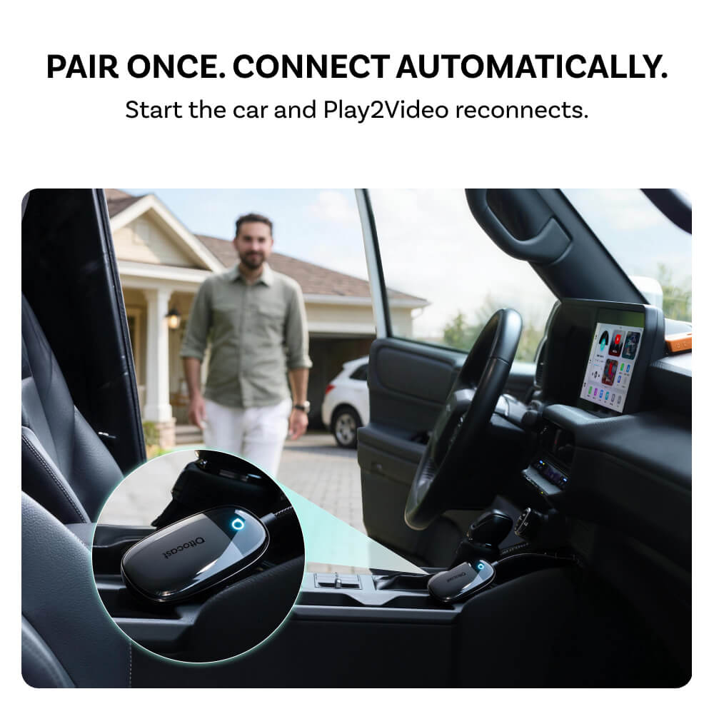 Promotional graphic for a car interior accessory showing a man standing outside a vehicle with the door open. Text at the top reads 'PAIR ONCE.