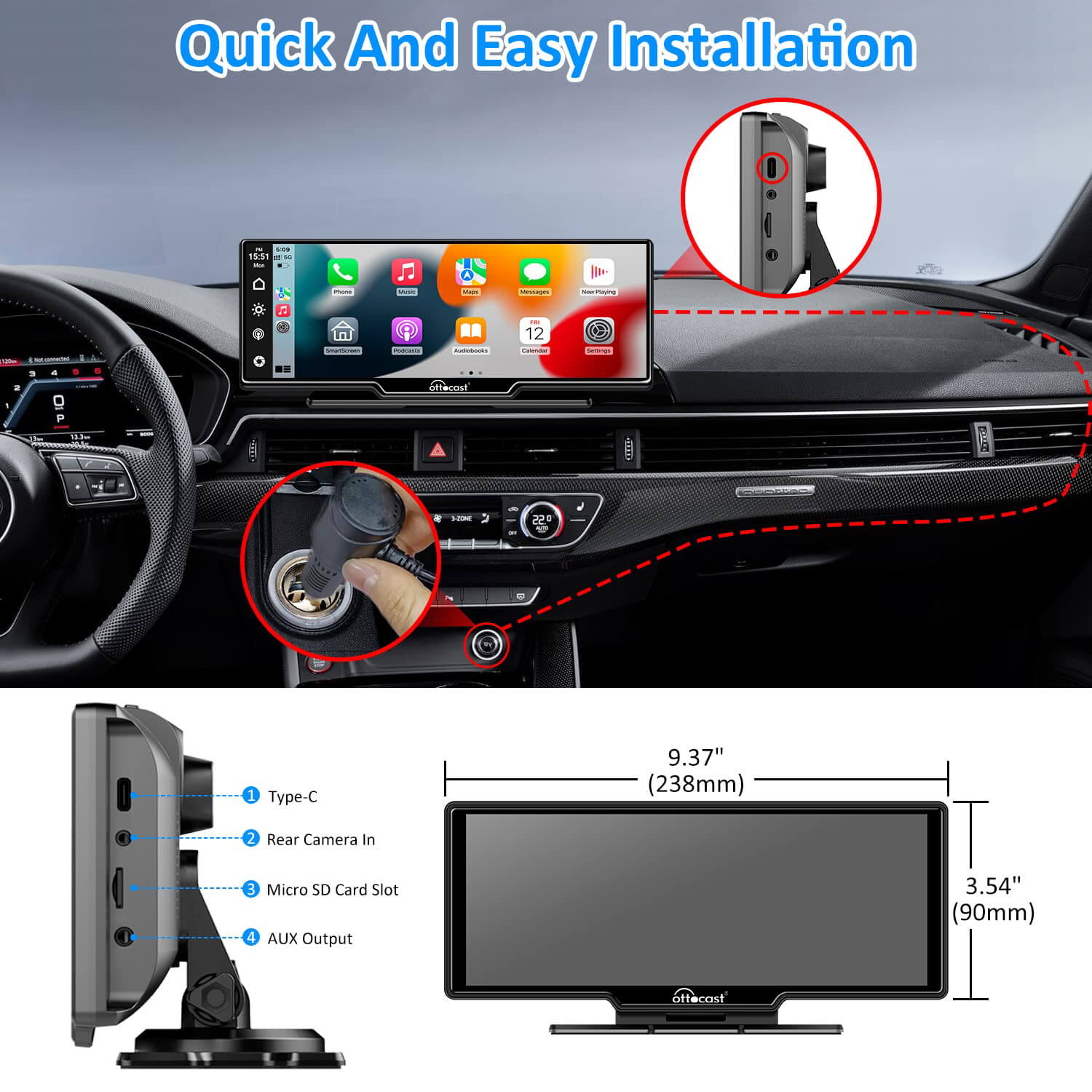 Tragbarer 10" Apple CarPlay & Android Auto Auto-Display-Bildschirm