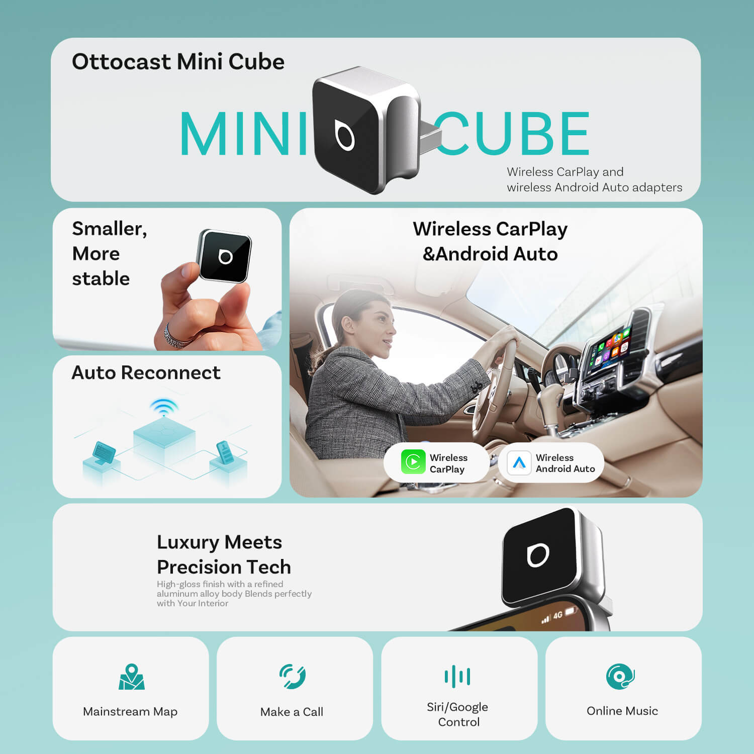 Ottocast Mini Cube 3.0 Adattatore Wireless CarPlay/Android Auto per Auto