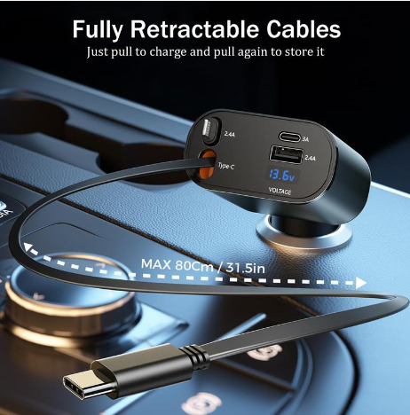 Chargeur de voiture rétractable 4-en-1 avec câble
